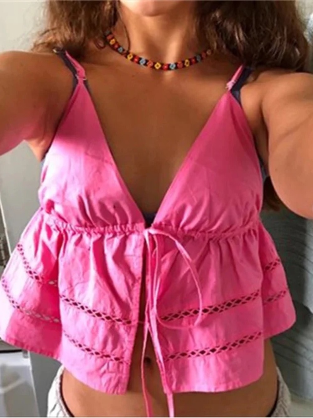 Zara Pink Ruffle Open Front Tie Top: Size Medium